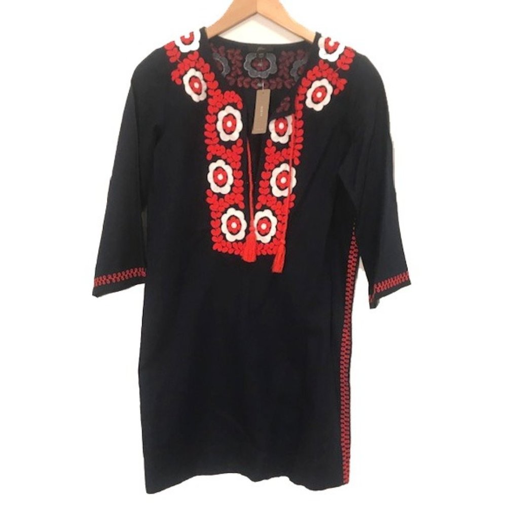 J Crew NWT Navy Embroidered Tunic Tassel Dress XXS